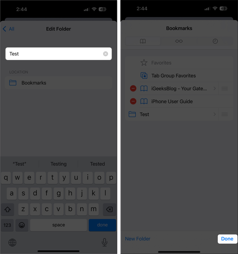 Add new bookmark folder name and tap done