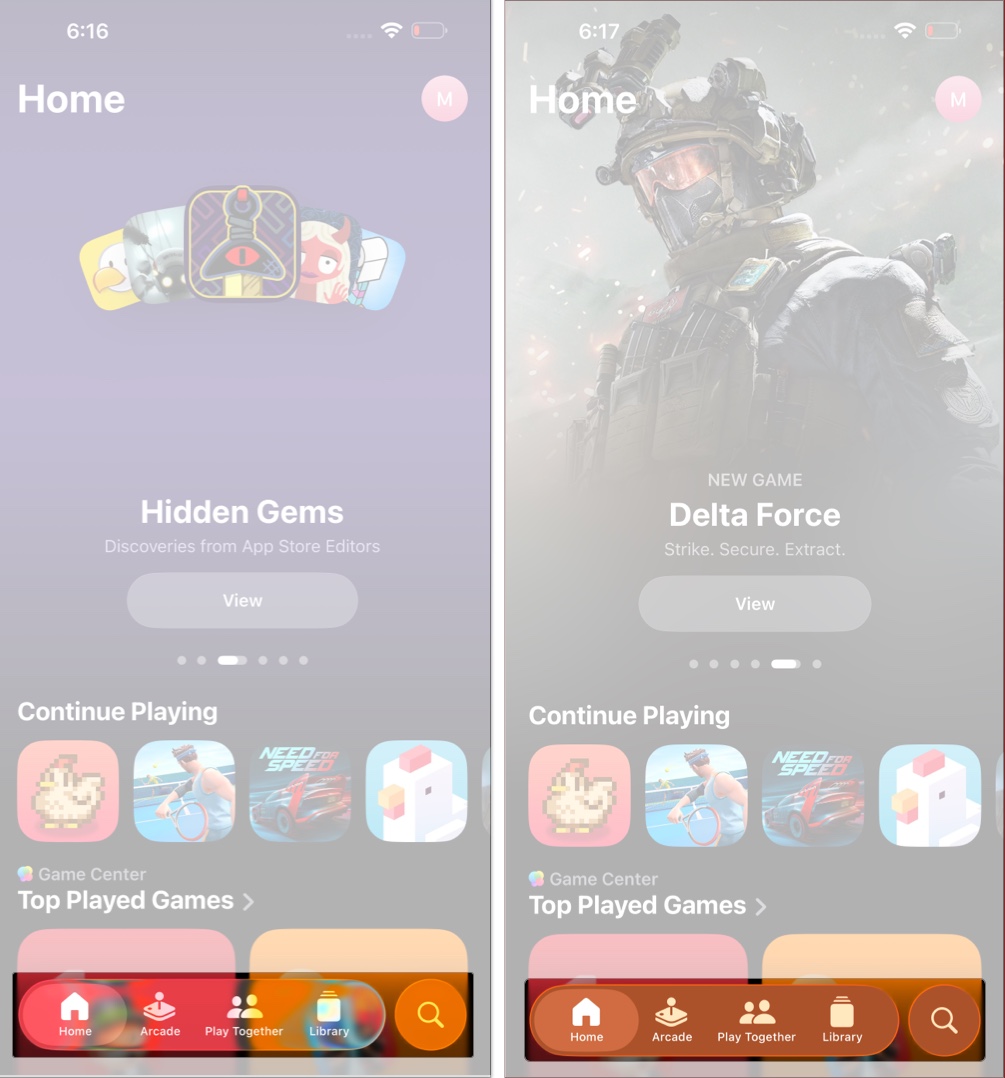 After reduce transparency in games app menu