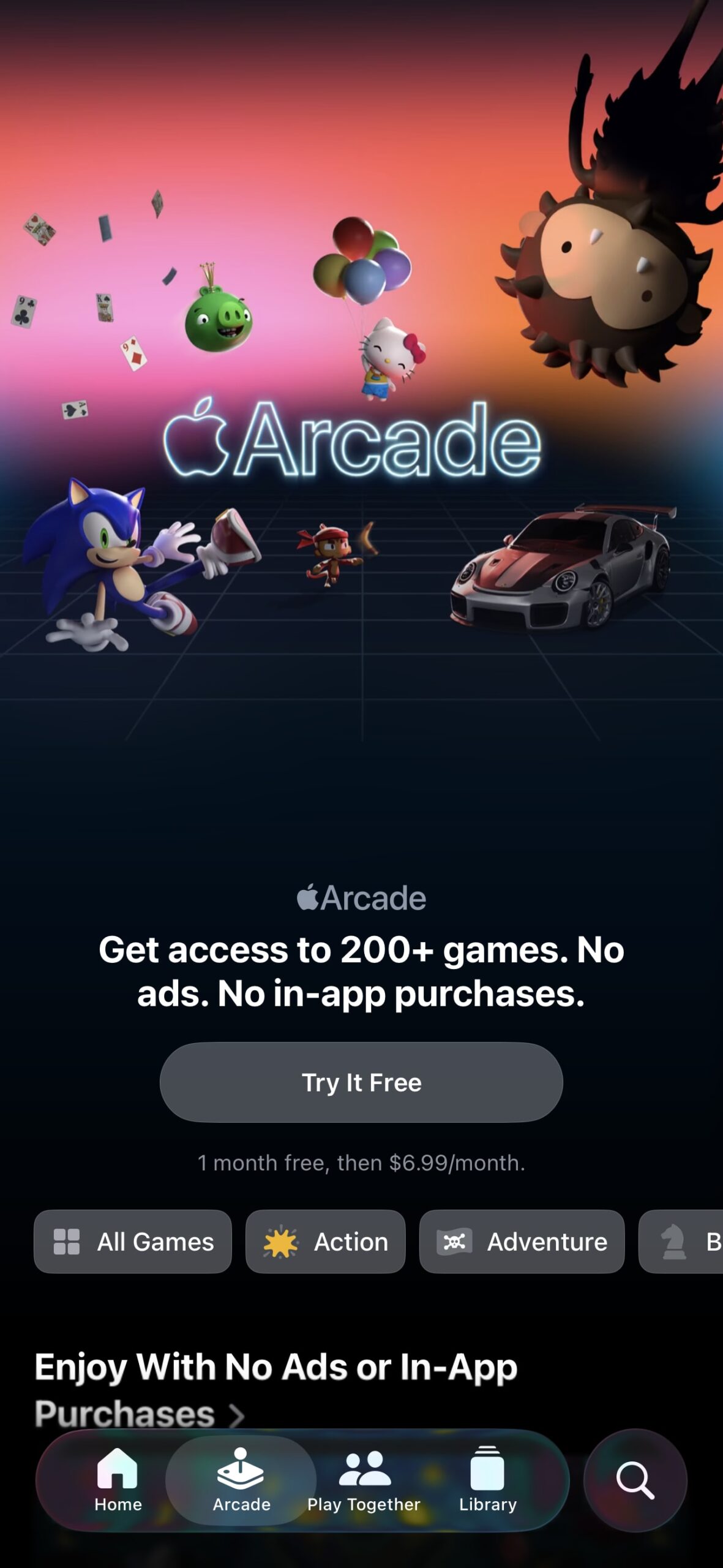 Apple arcade tab in games app on ios 26