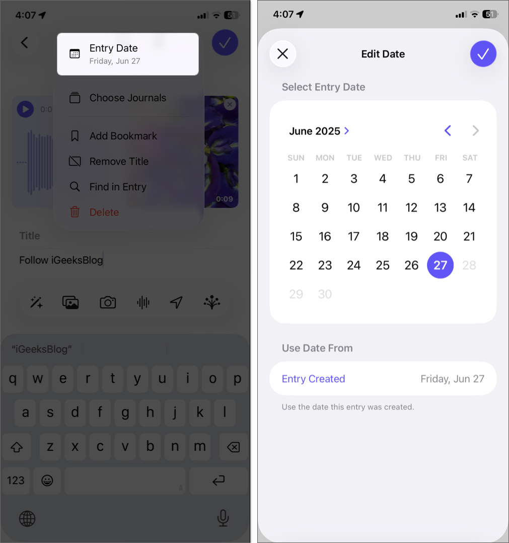 Change entries date on iphone