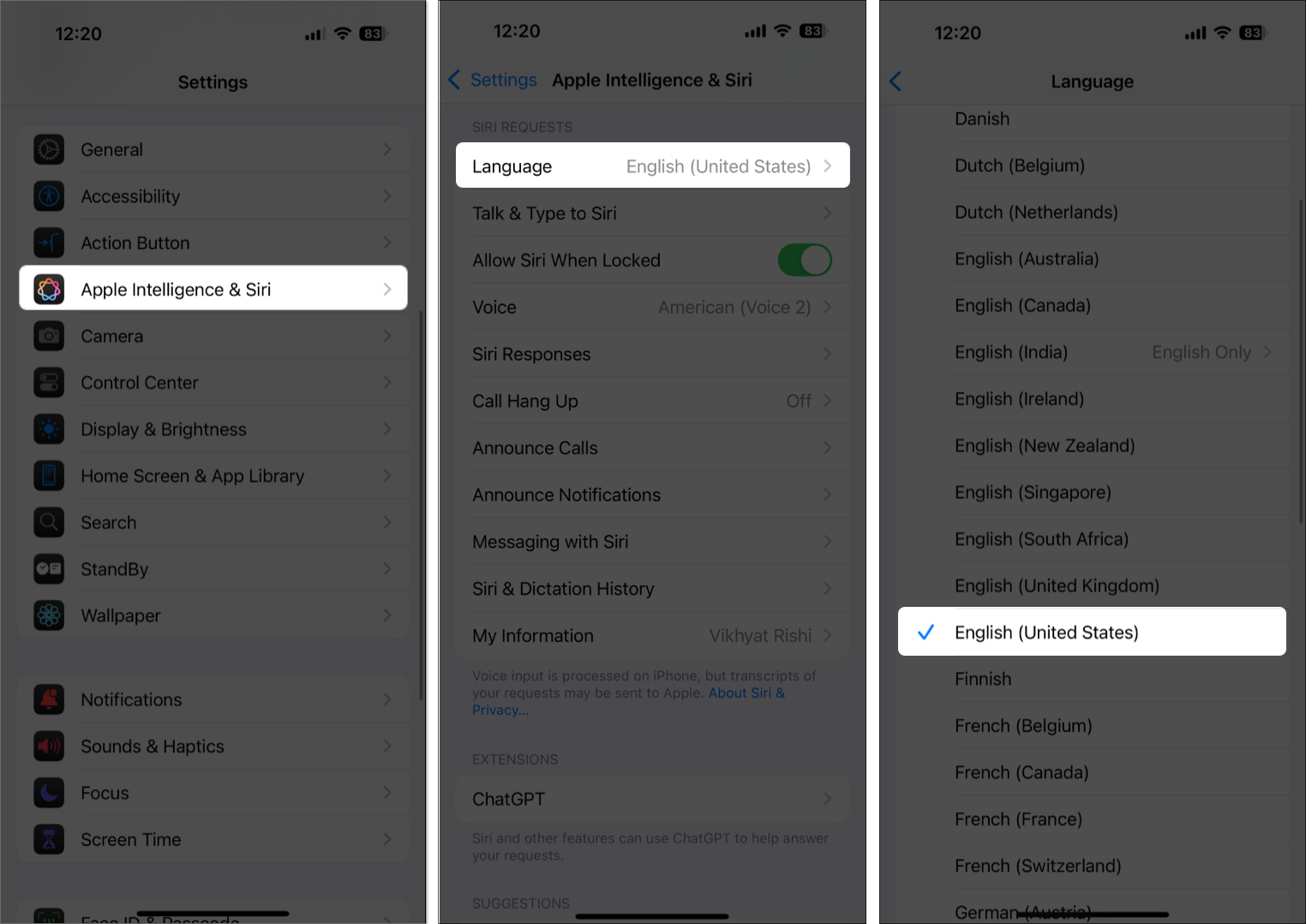 Change siri language on iphone settings