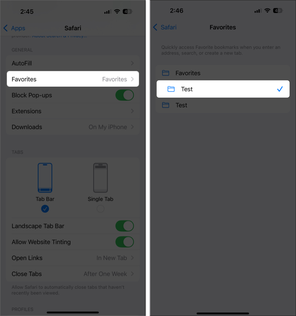 Change the favourite folder in safari on iphone