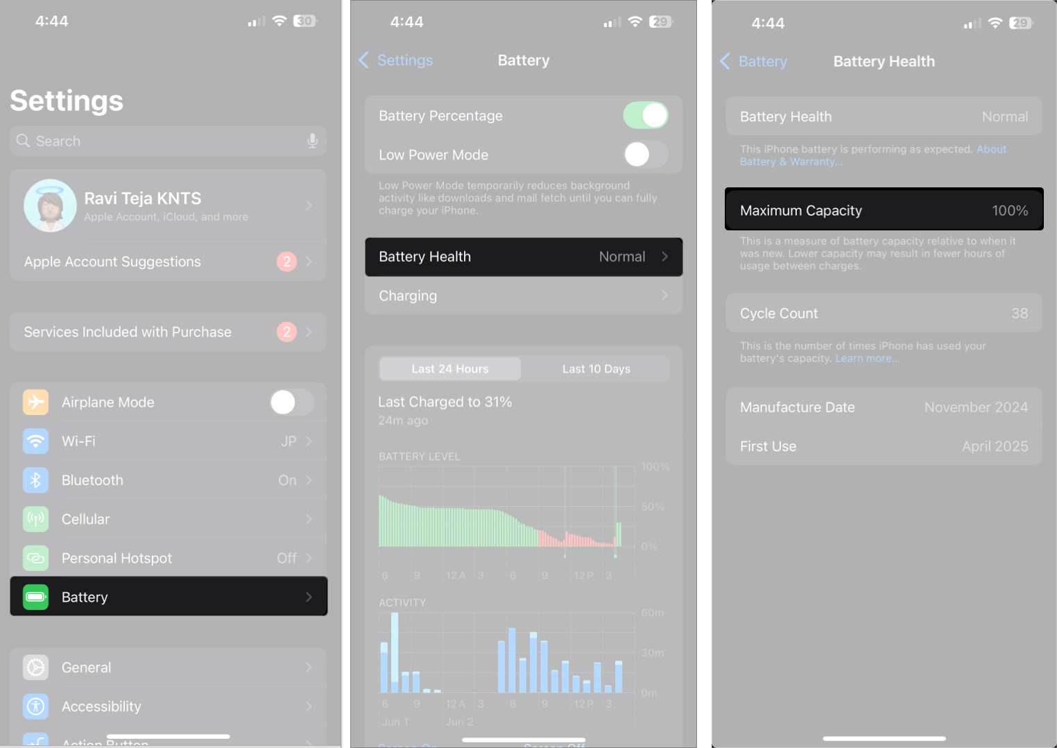 Check maximum capacity of battery on iphone