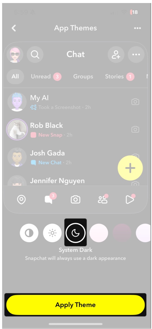 Choose system dark and tap apply theme on snapchat in iphone