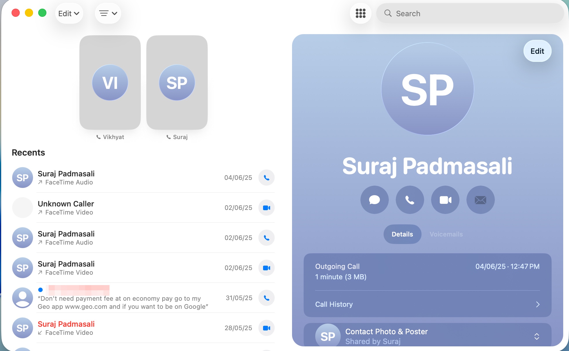 Click contact under favorites tab to call on macos 26