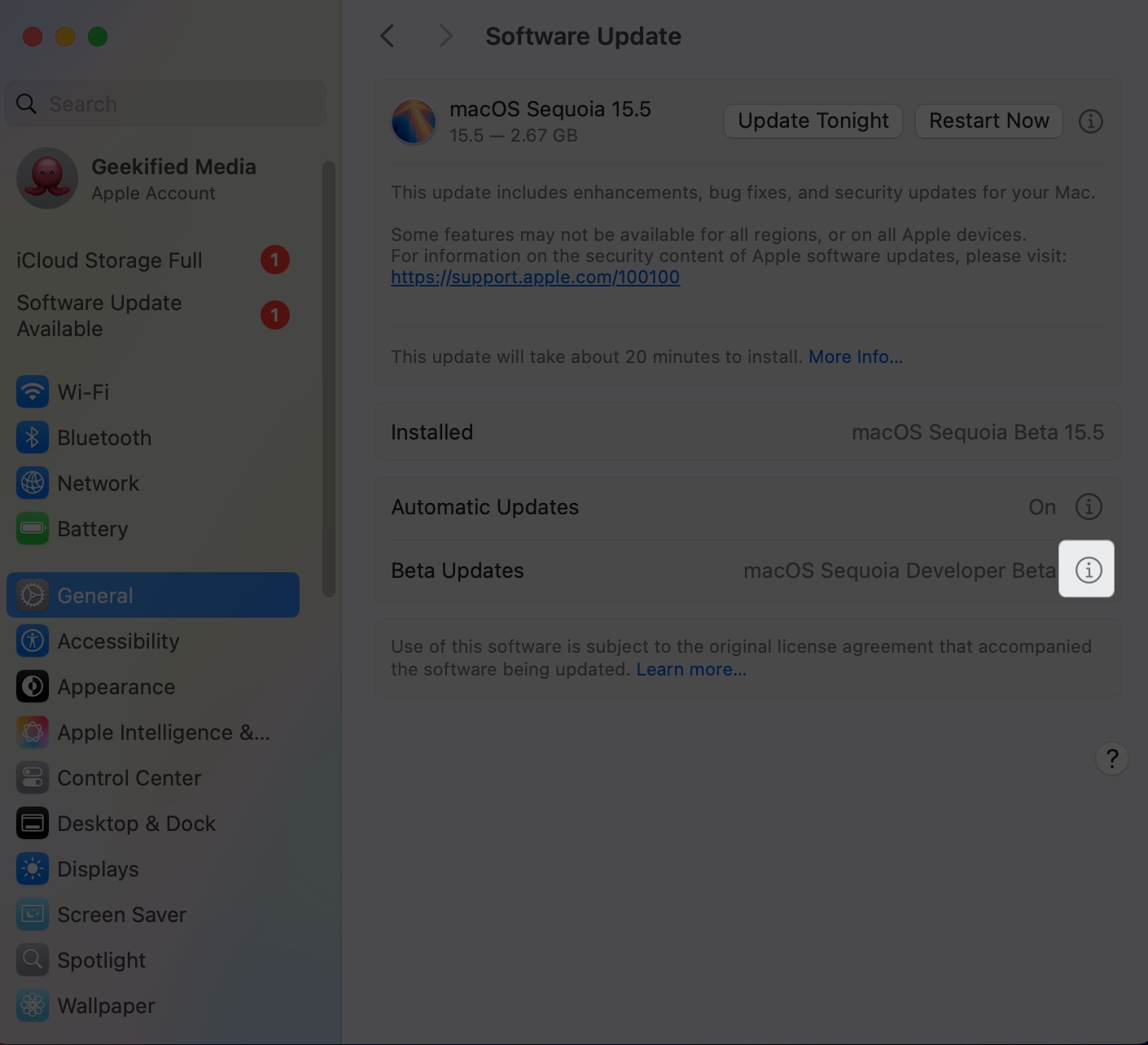 Click i button next to beta updates on Mac