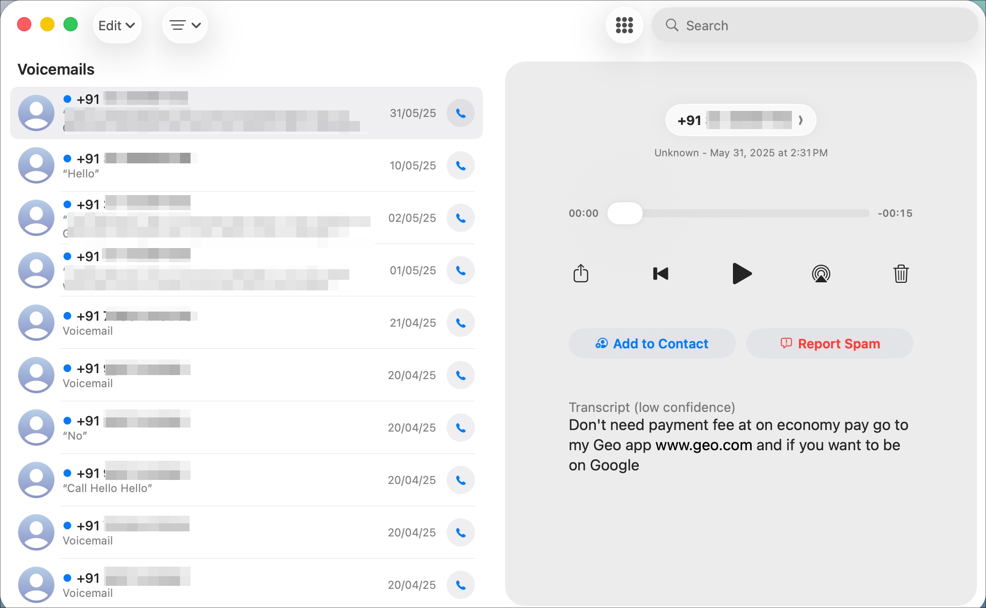 Click voicemail to listen in phone app on macos 26