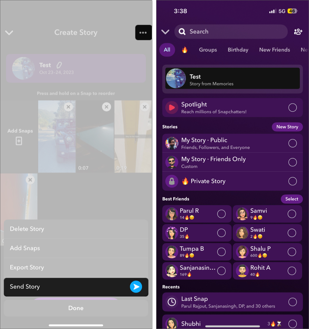 Compile multiple snaps on snapchat and send it to your friends