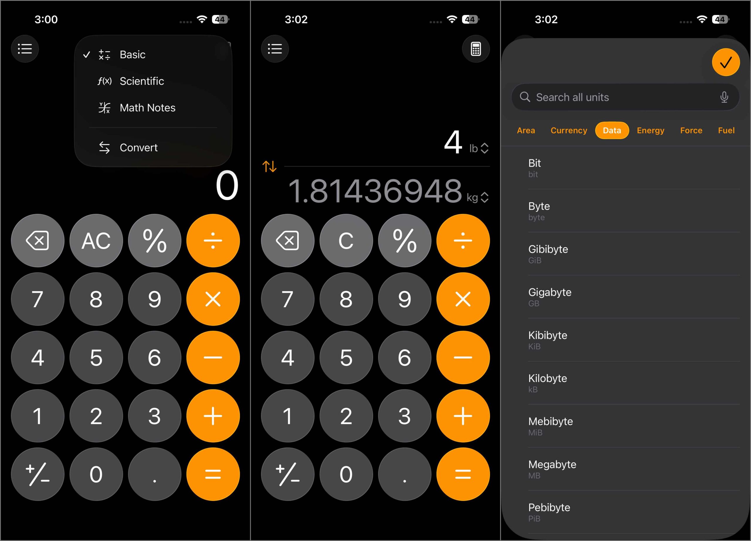 Unit conversion in apple calculator