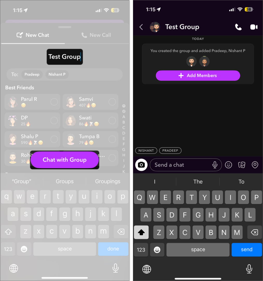 Create a group chat on snapchat