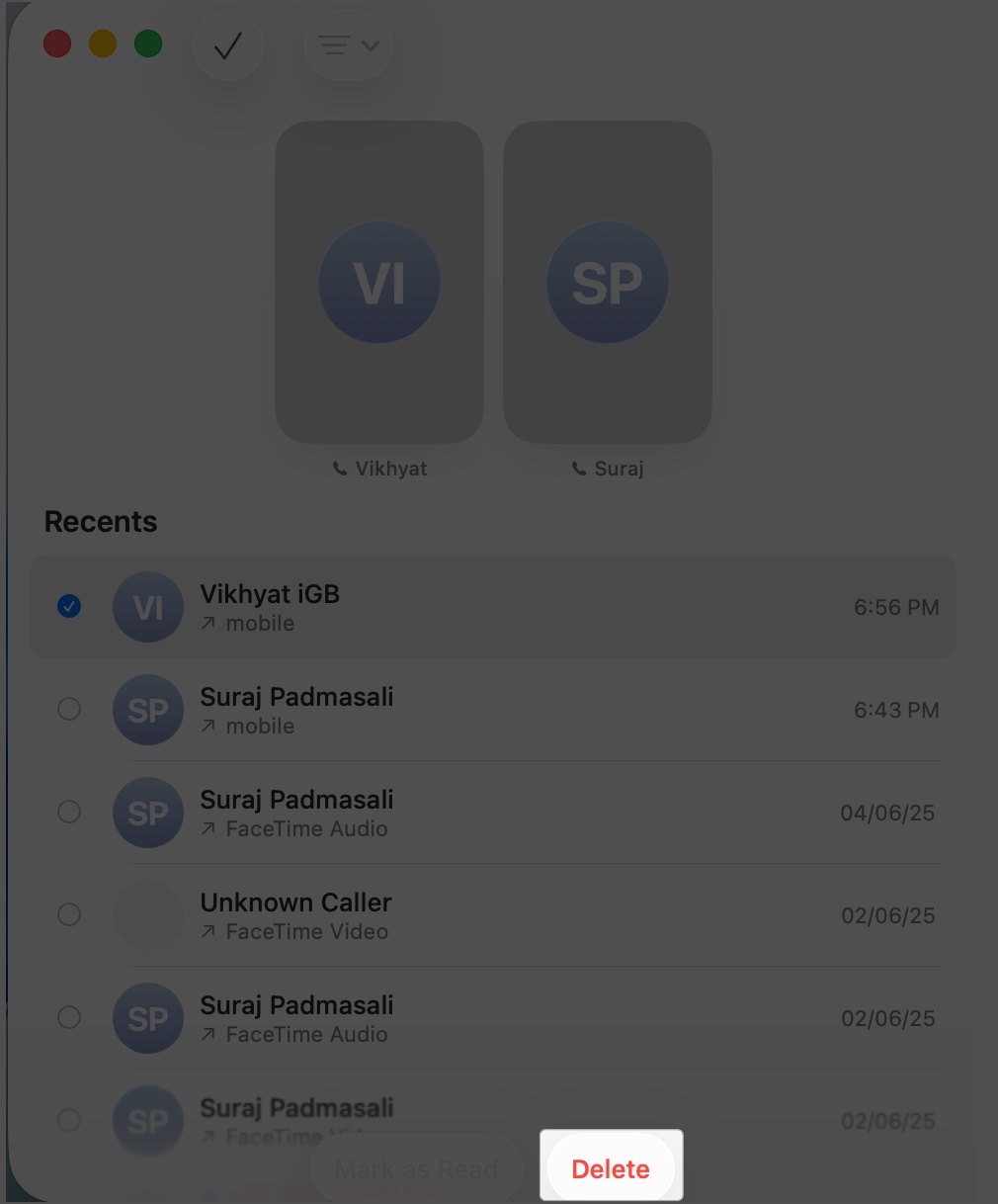 Delete call log on phone app in macos 26