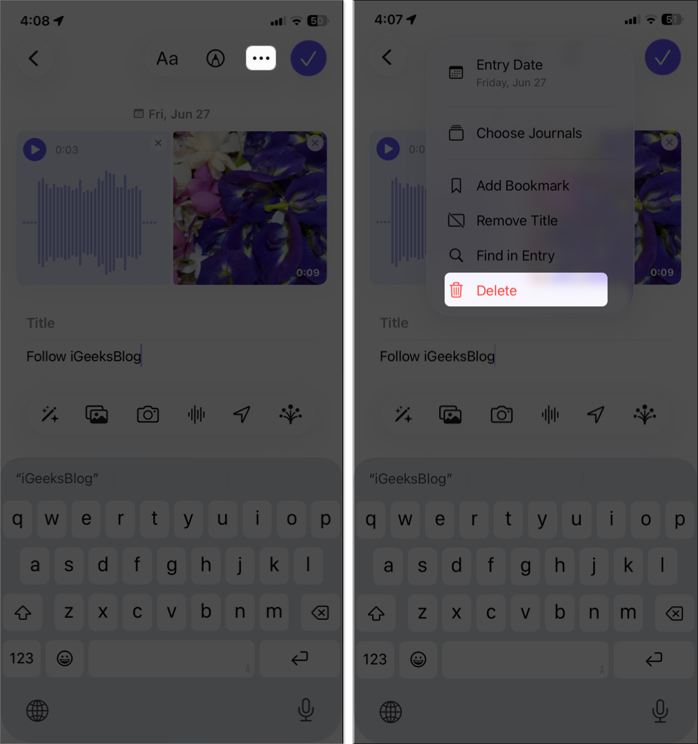 Delete journal enteries on iphone