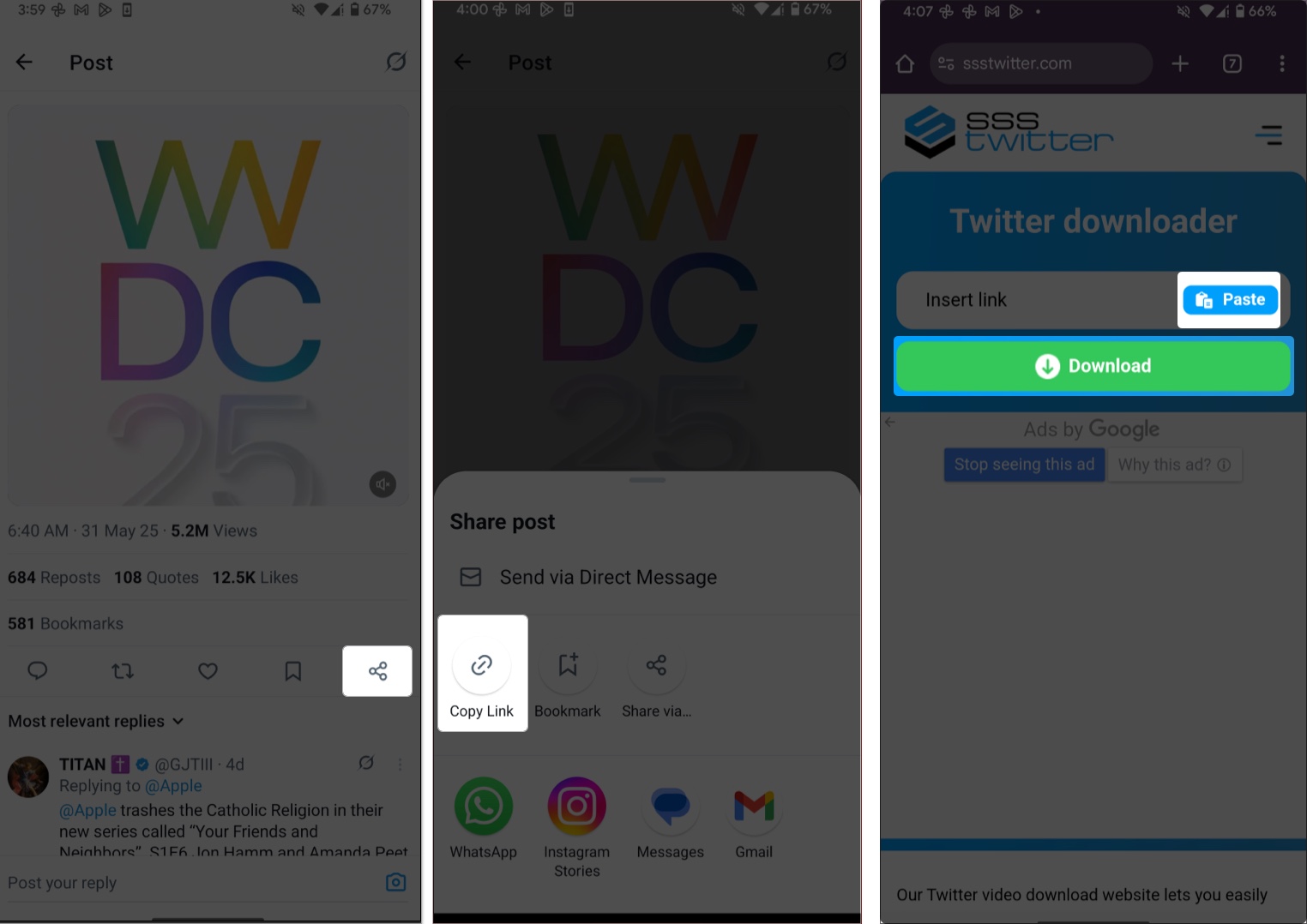Download twitter video on android using online tool in browser