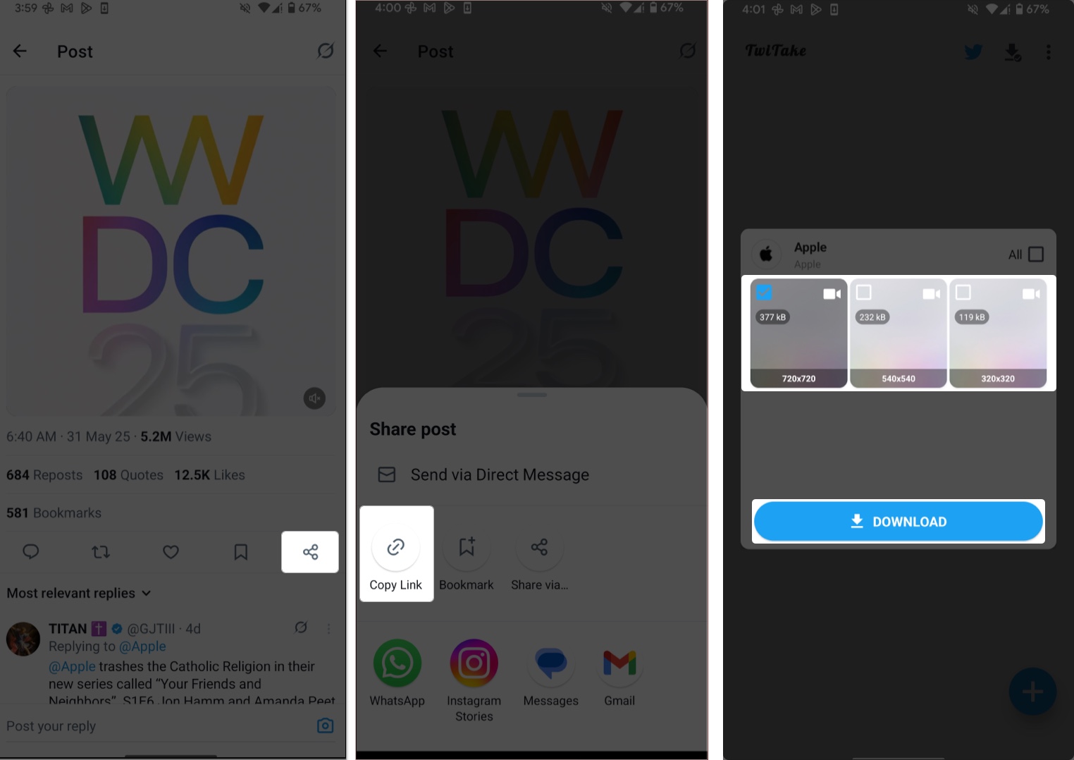 Download twitter video on android using third party apps