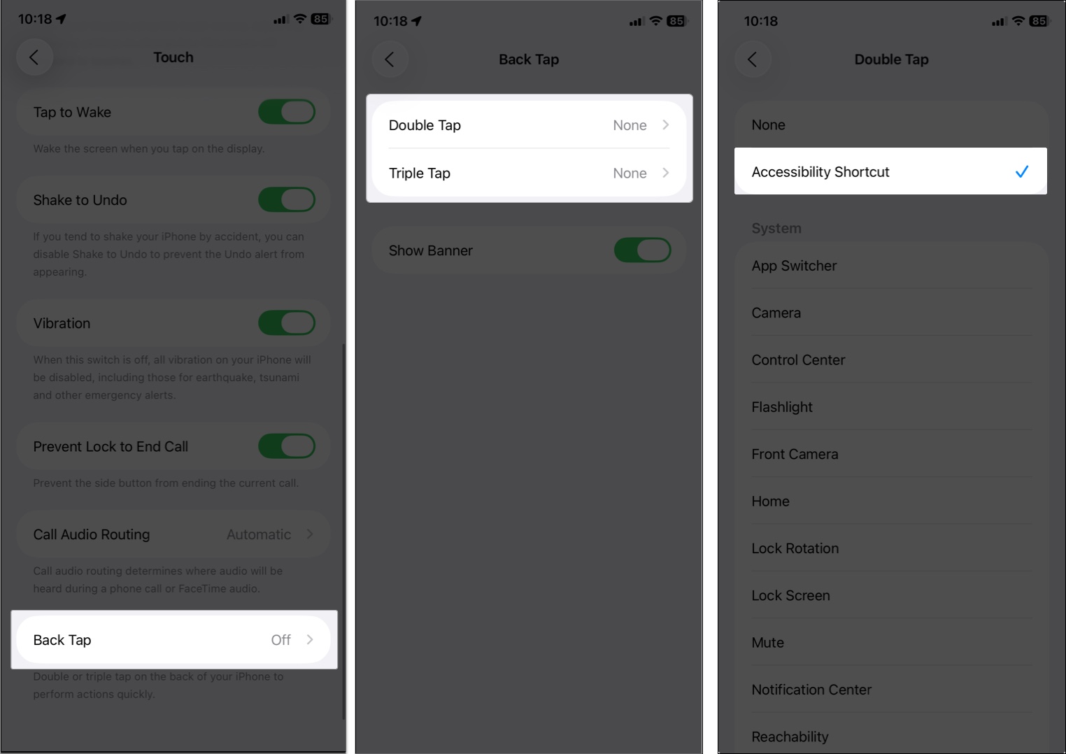 Enable back tap accessibility shortcut in iphone or ipad
