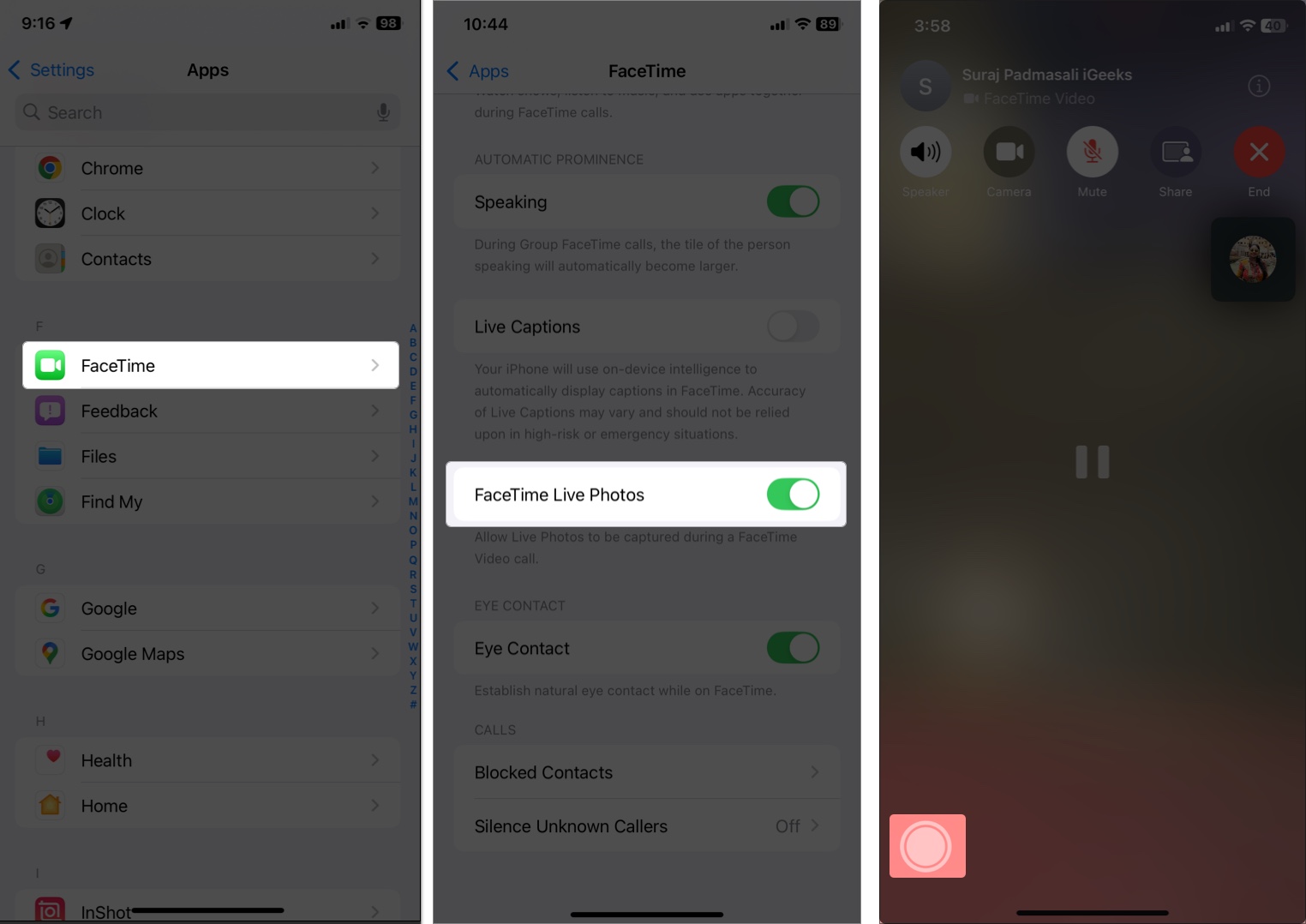 Enable live photos in iphone setting on facetime