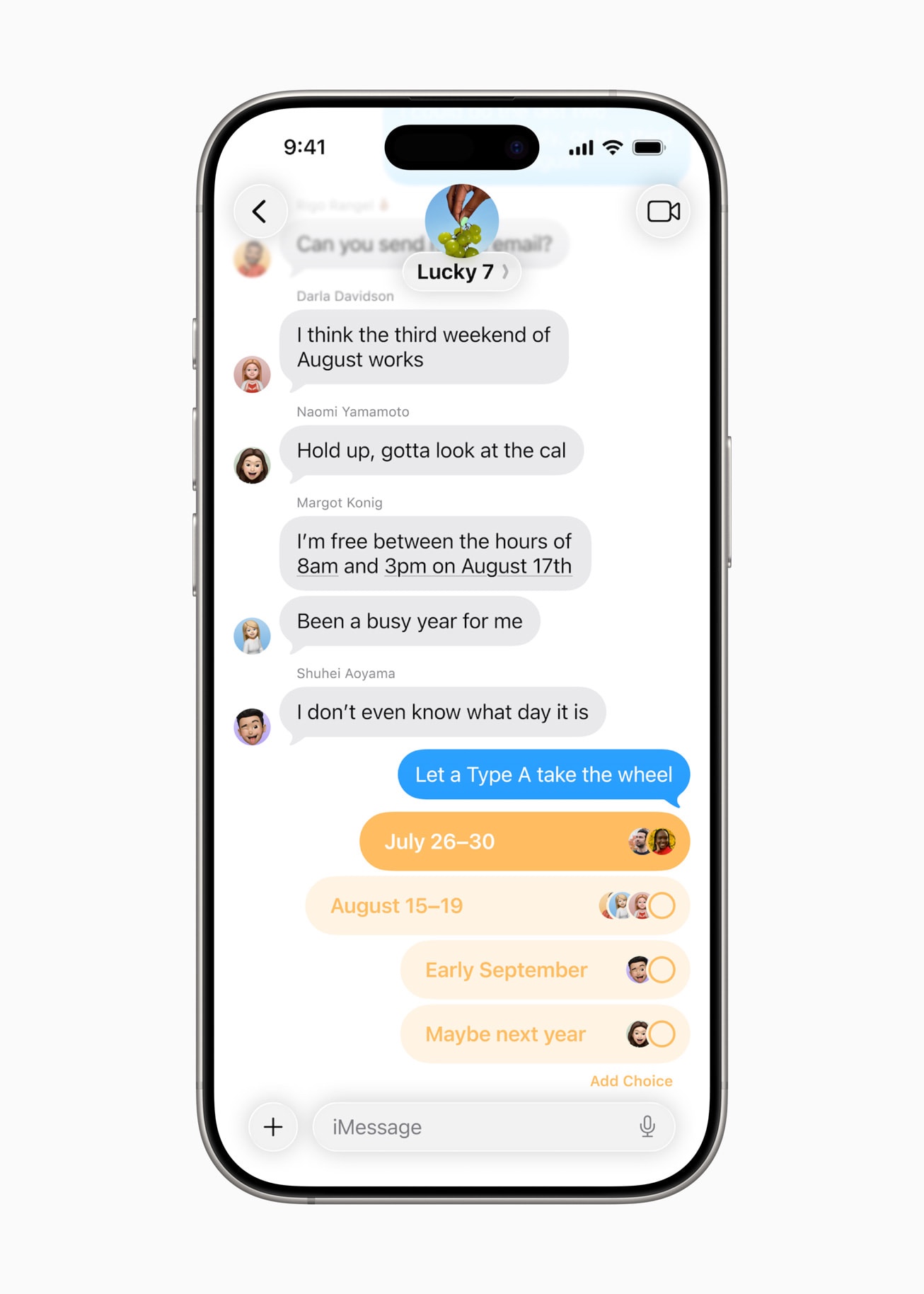 Group poll interface in message app ios 26