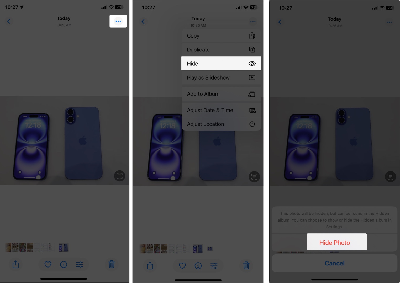 Hide single photo or video in iphone or ipad