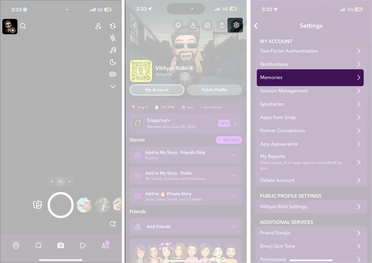 Locate memories option in the snapchat settings on iphone