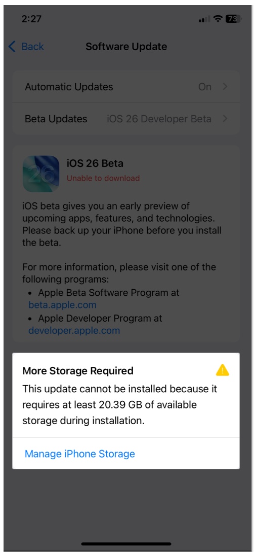 Low storage space in software update on iphone