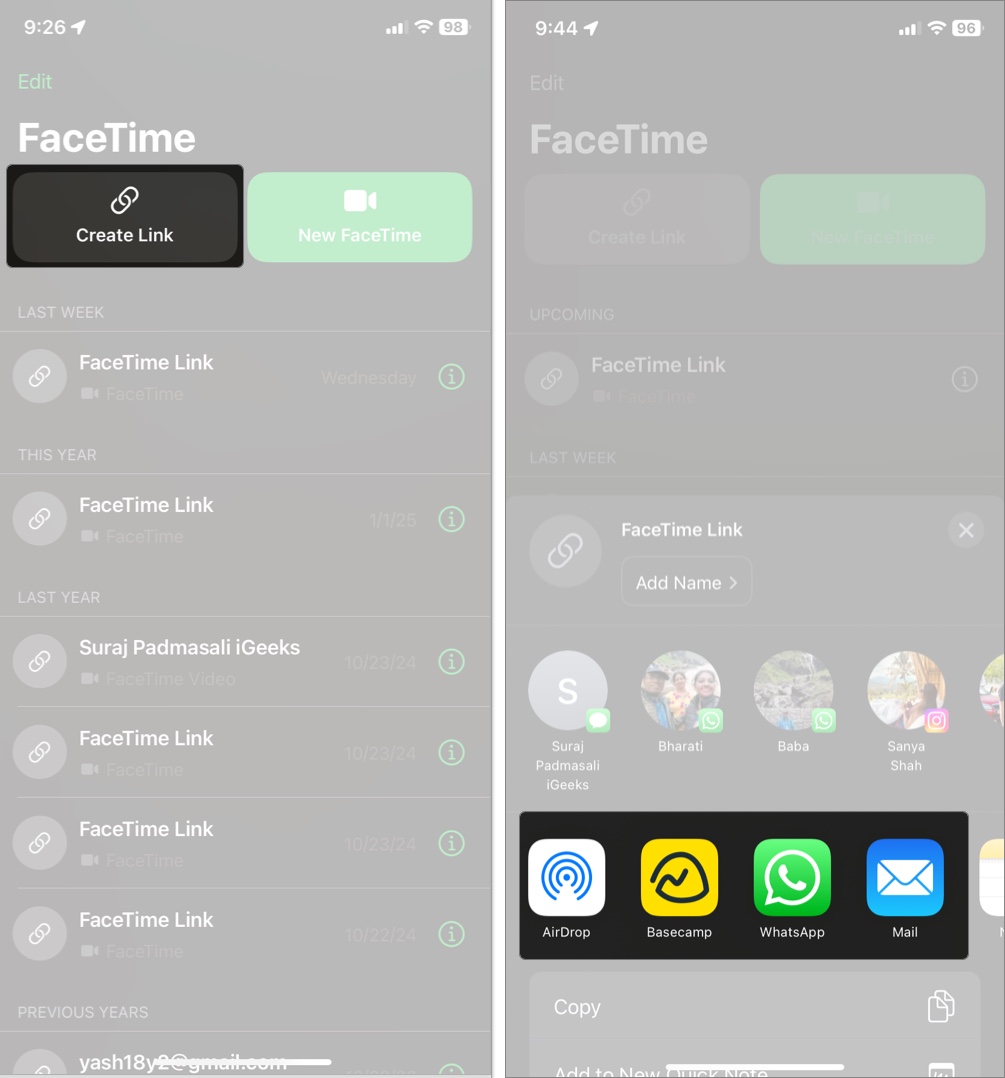 Make facetime call using facetime link on iphone