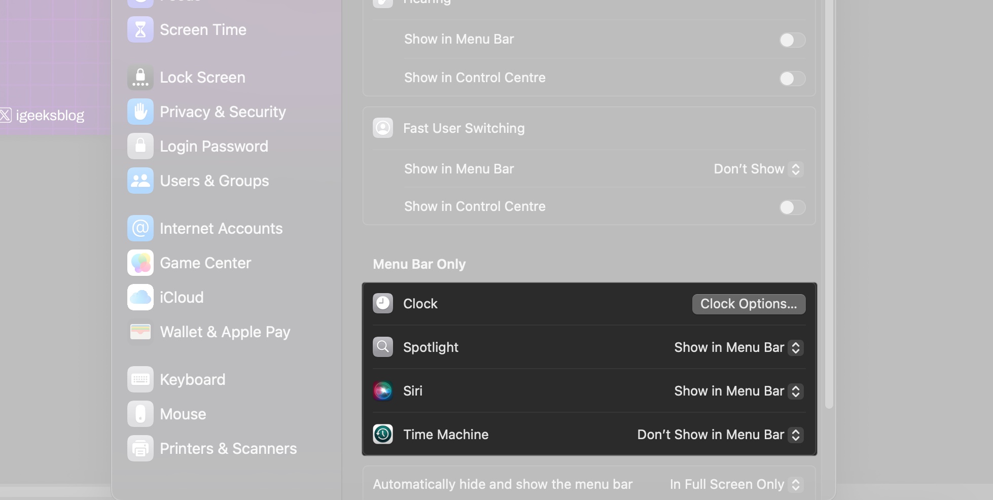 Menu bar only section on control center in macos 15