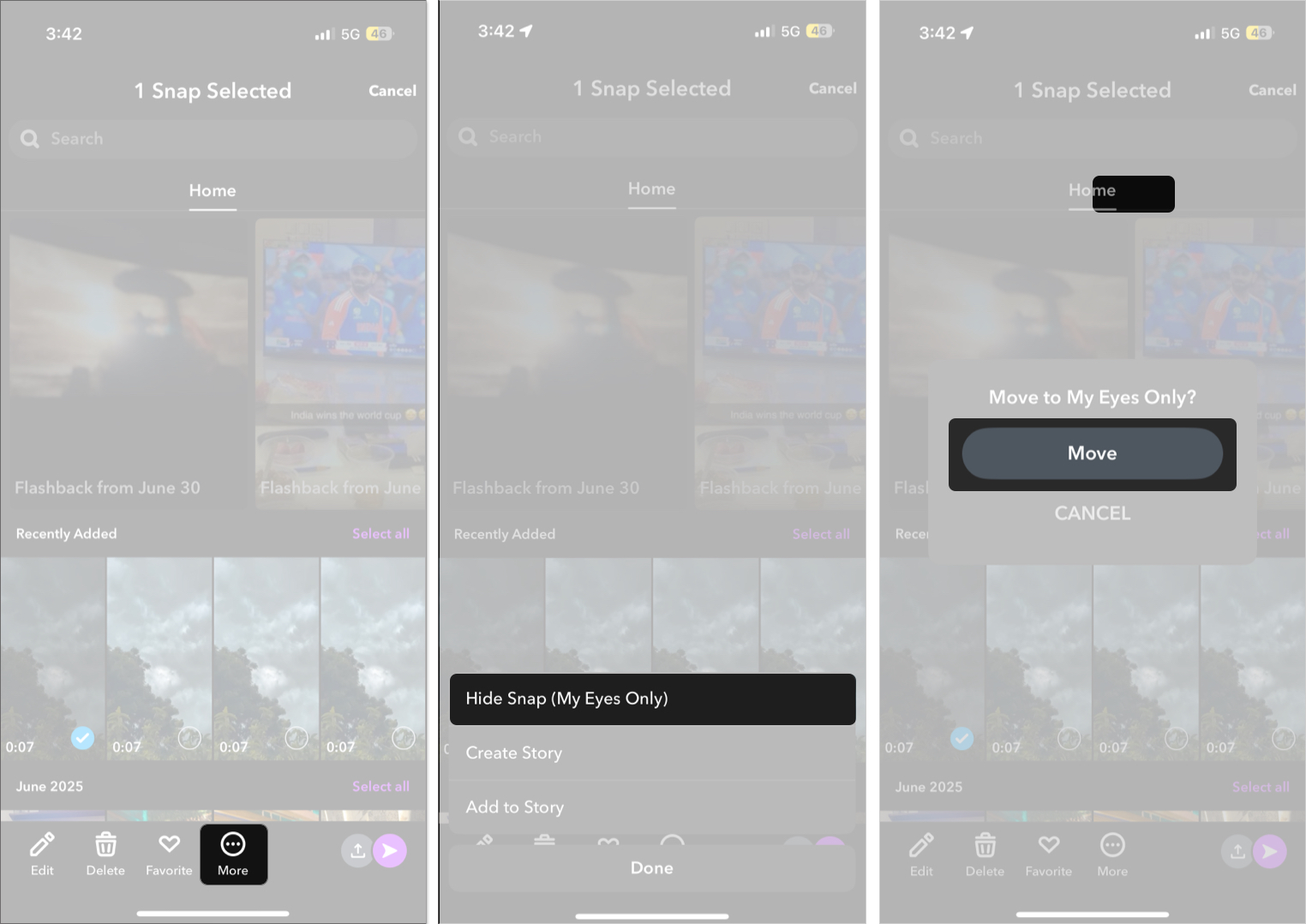Move a saved snap to my eyes only