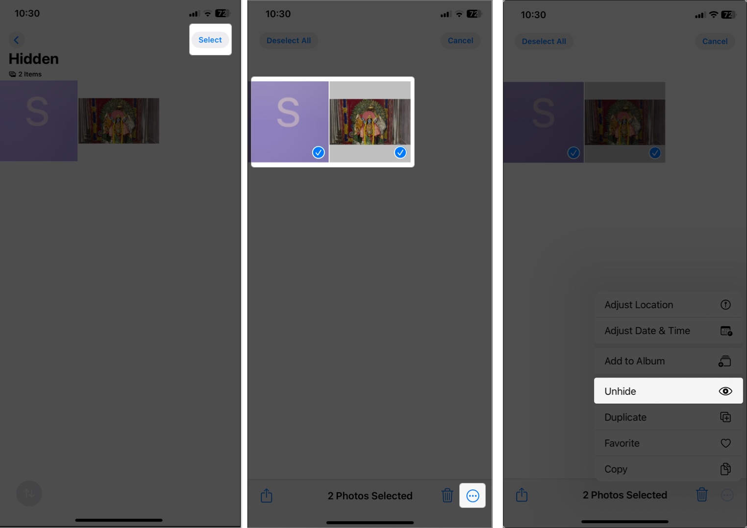 Move hidden photo or video back to photos library in iphone