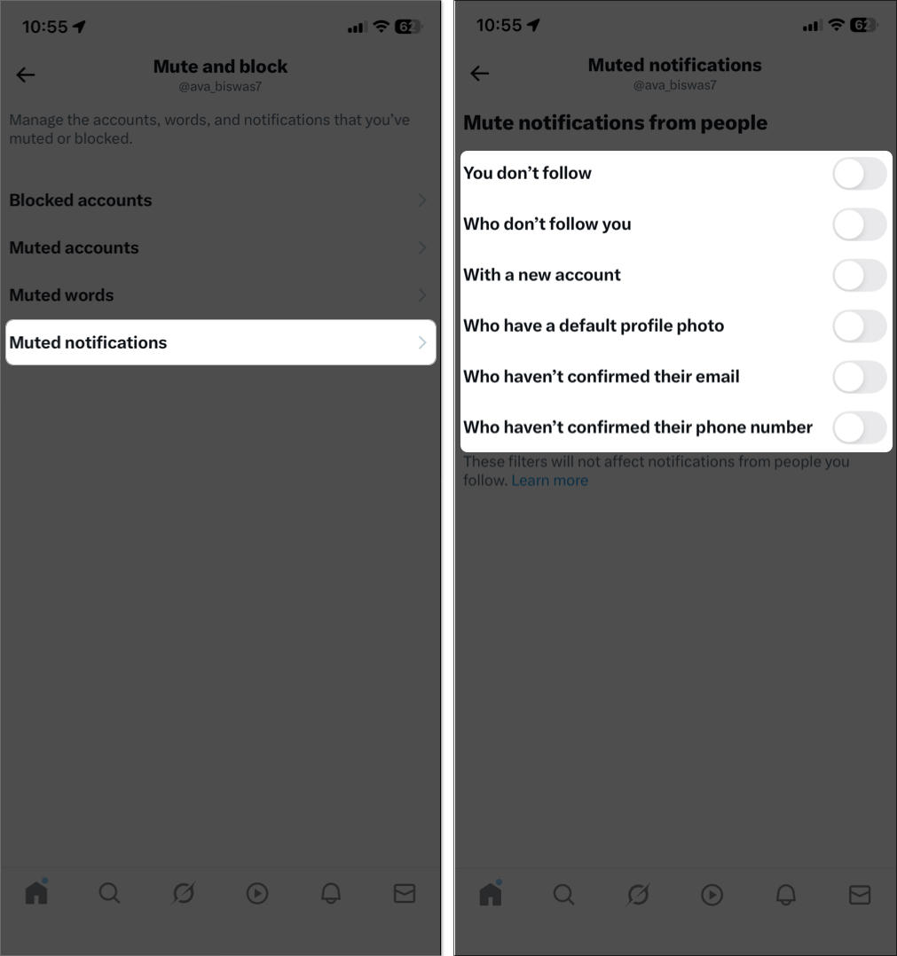 Mute notifications from settings and privacy
