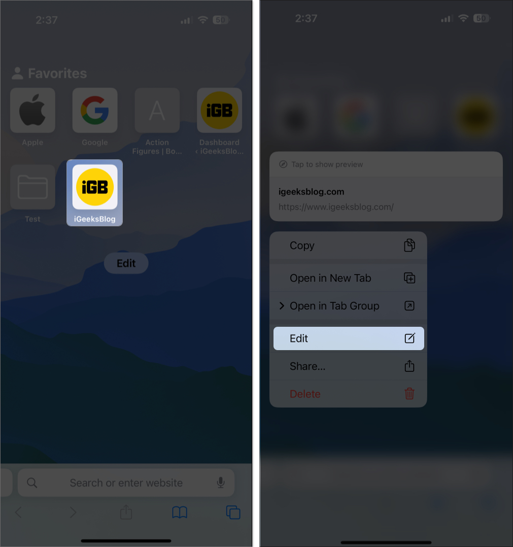 Open safari and long press on website you want to remove from favourites on iphone