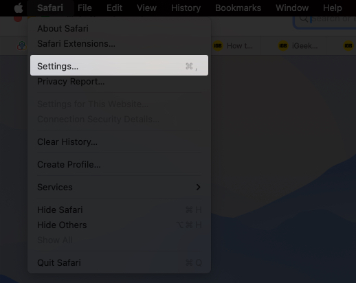 Open safari and select settings from drop down menu on mac