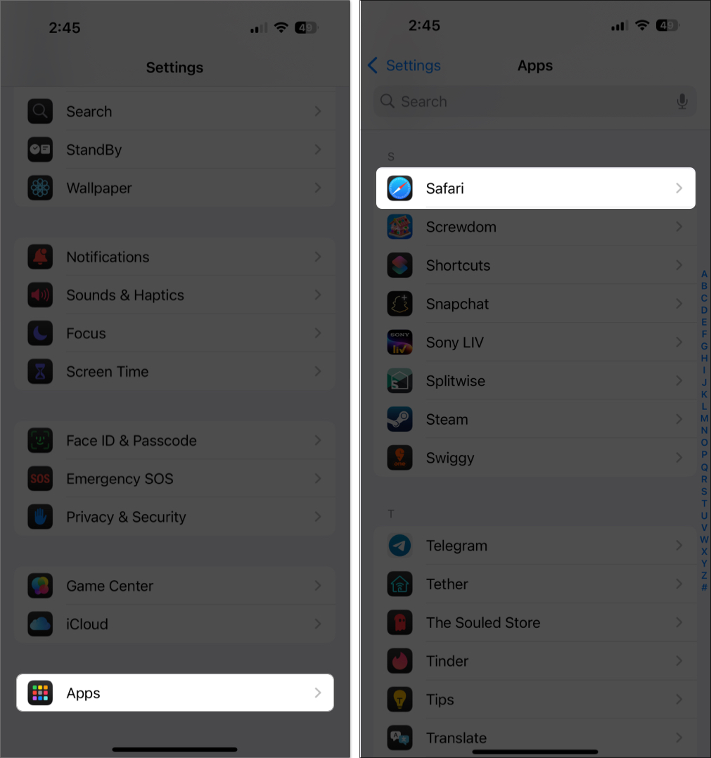 Open safari settings on iphone