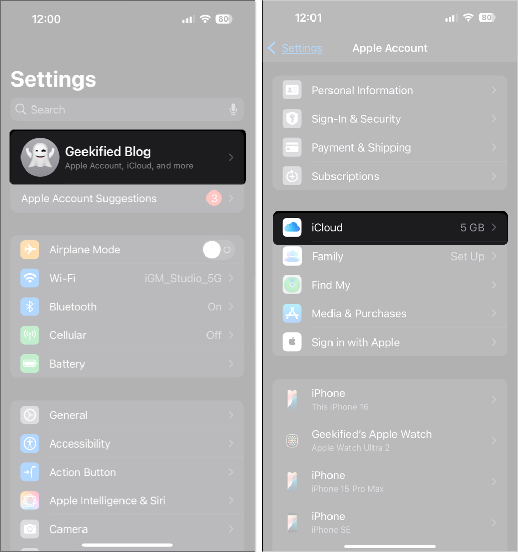 Open setting and access icloud settings on iphone