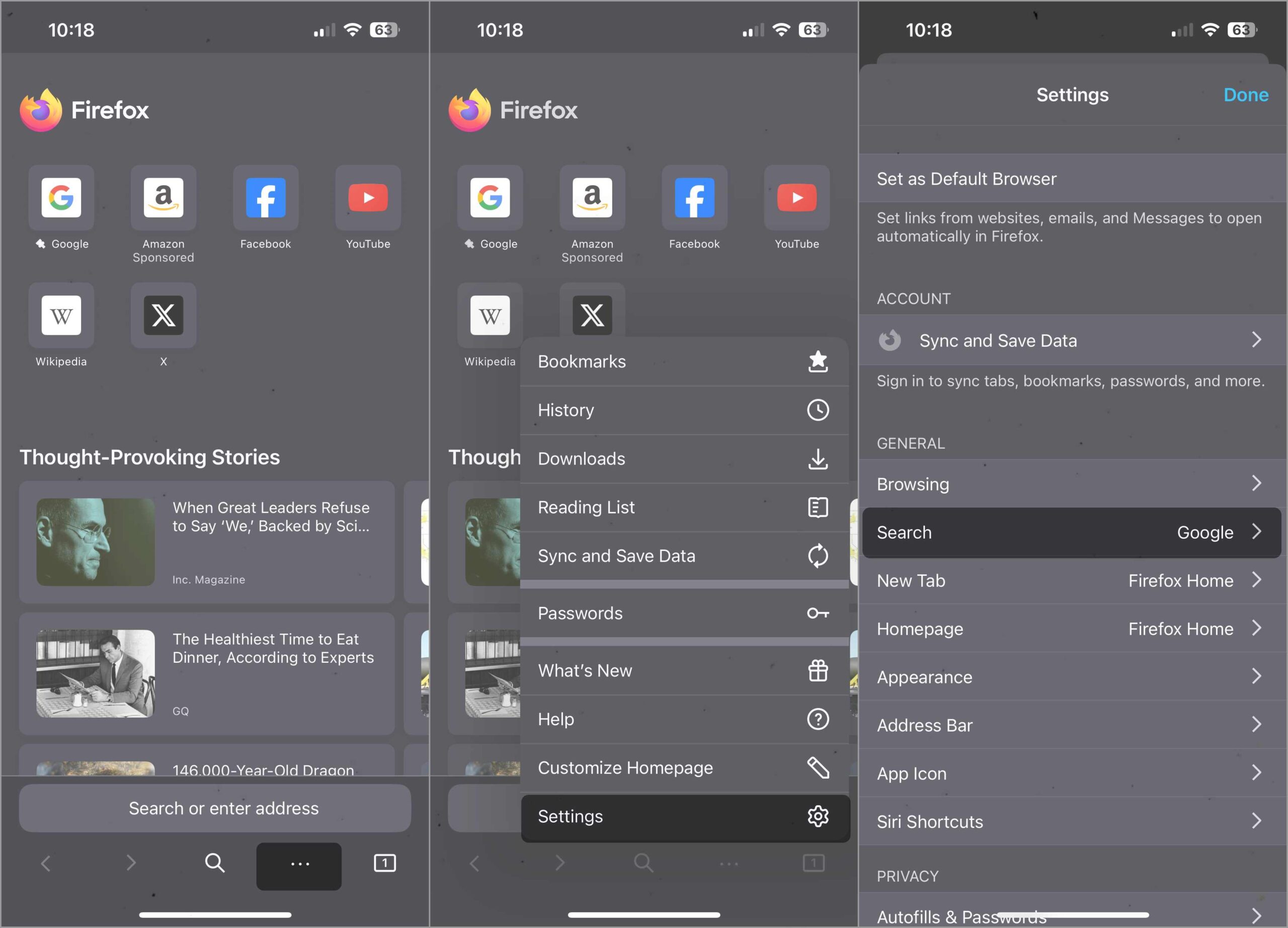 Opening search settings in firefox