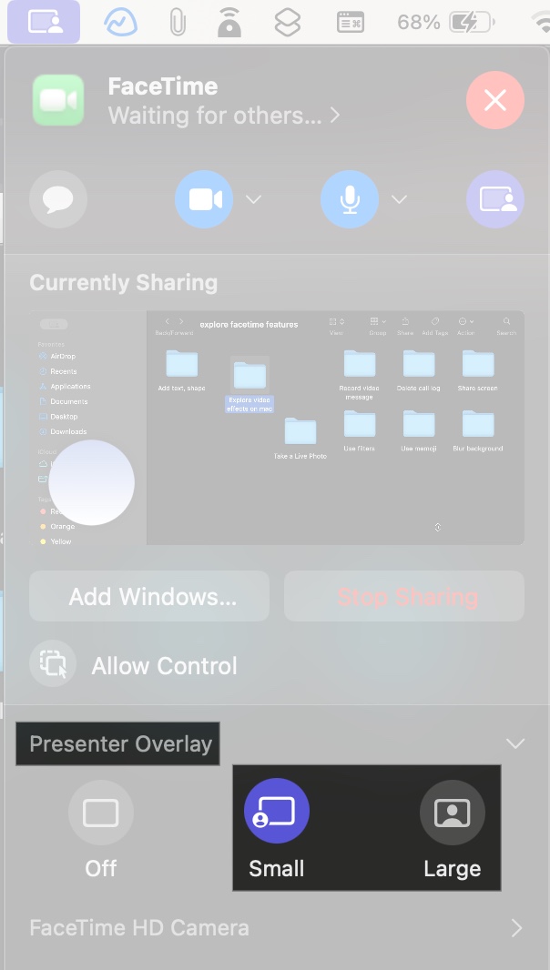 Presenter overlay in facetime on mac or ipad