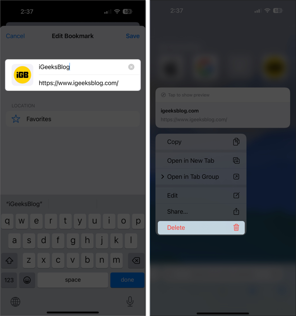 Remove website from favourites in safari on iphone