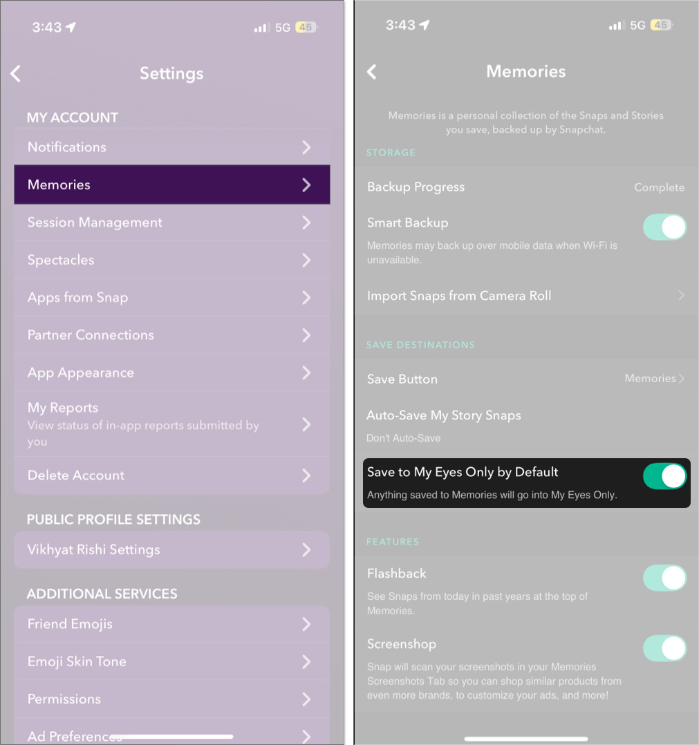 Save to my eyes only from snapchat settings