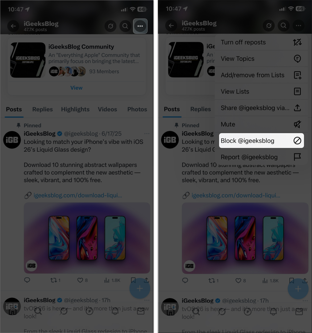 Select block to prevent them from following