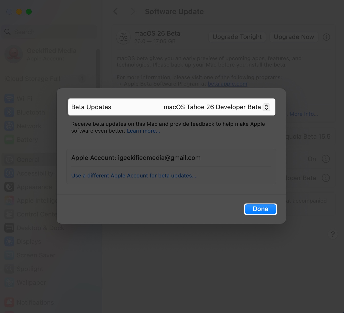 Select macOS Tahoe developer Beta and tap done in Mac