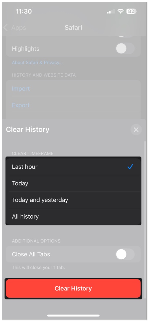 Select time frame and tap clear history on iphone