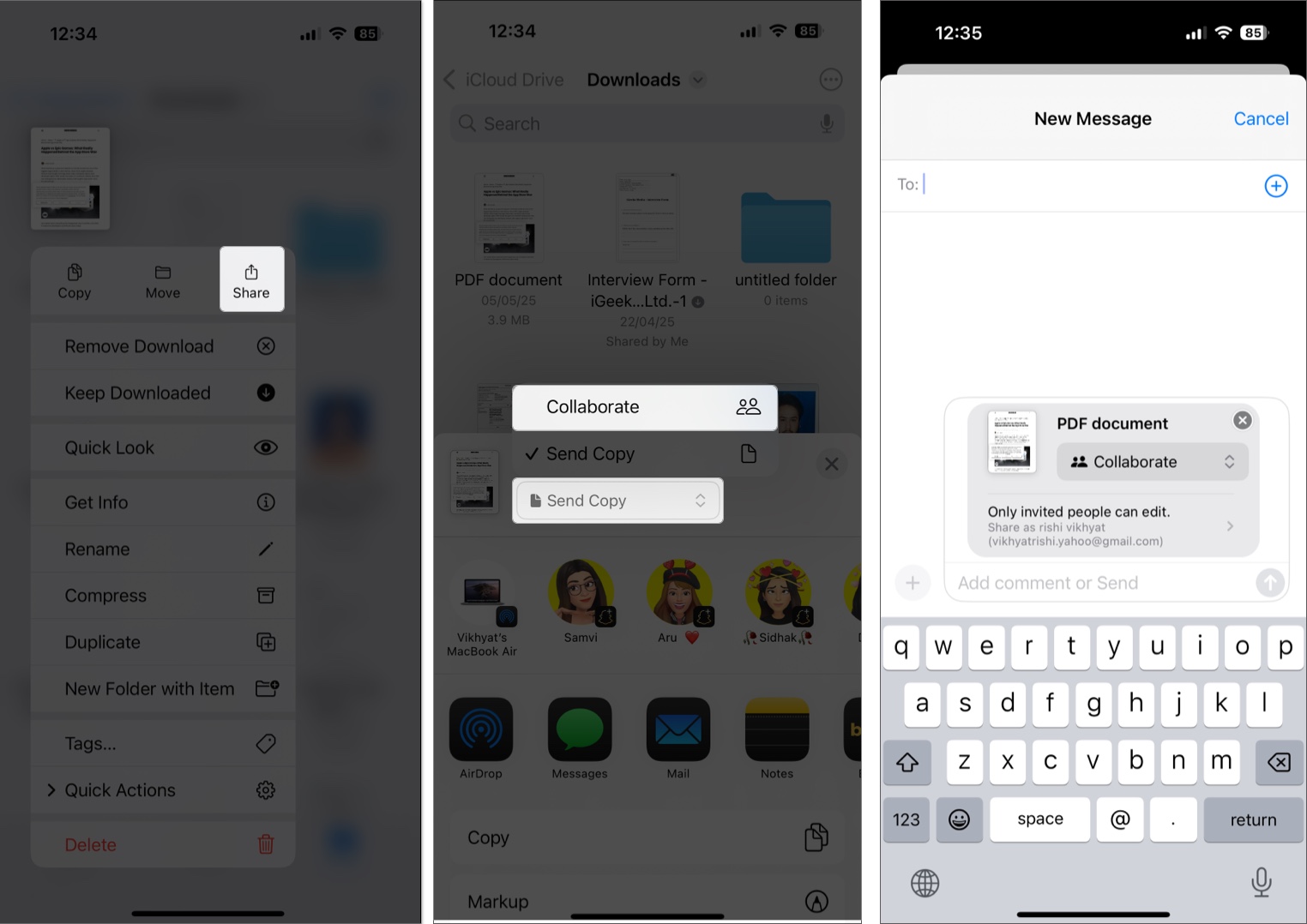 Send large files and videos via icloud link on iphone