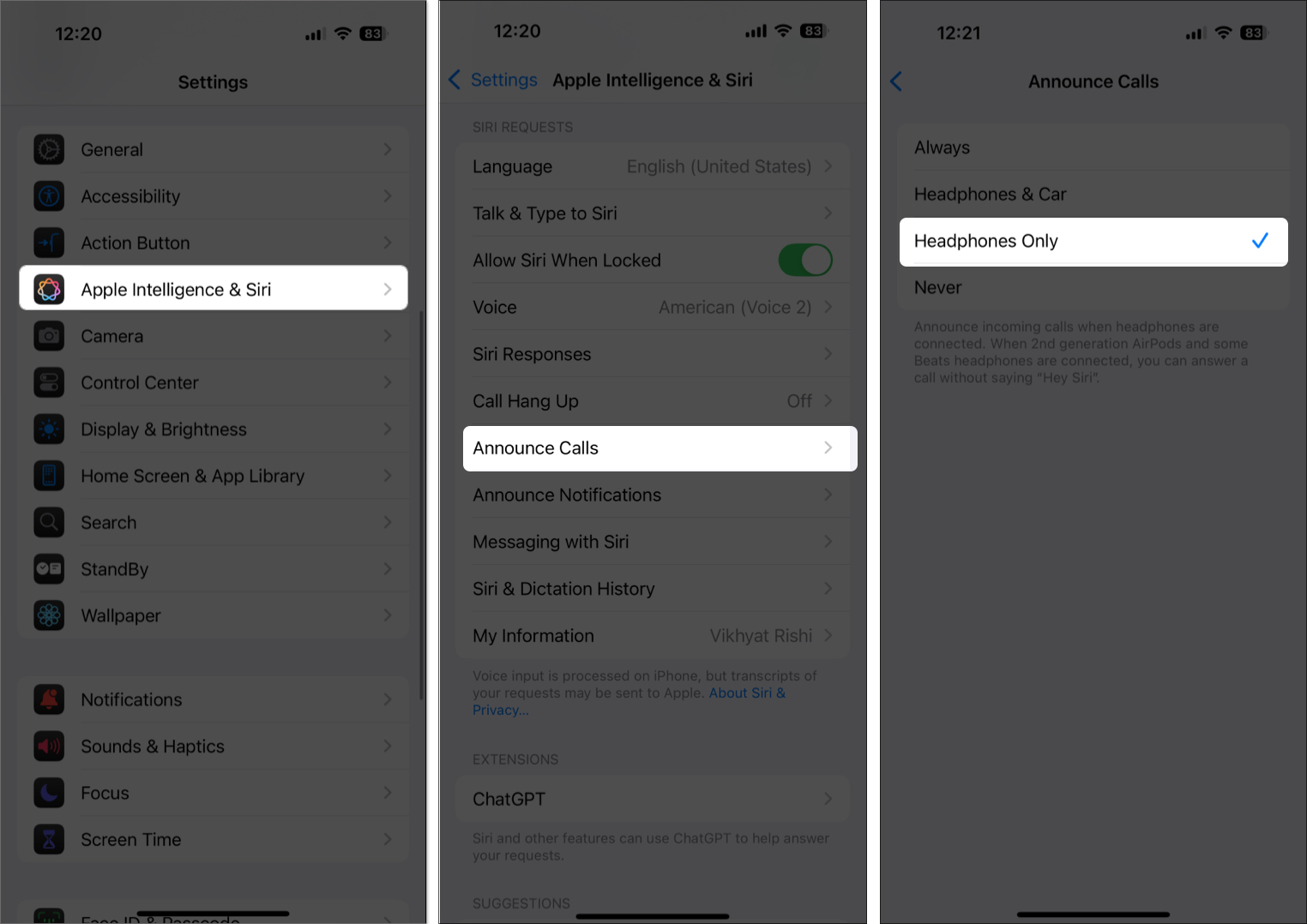 Set up announce calls on iphone settings