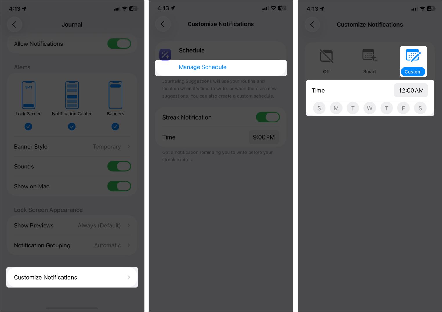 Set up journal reminder in iphone