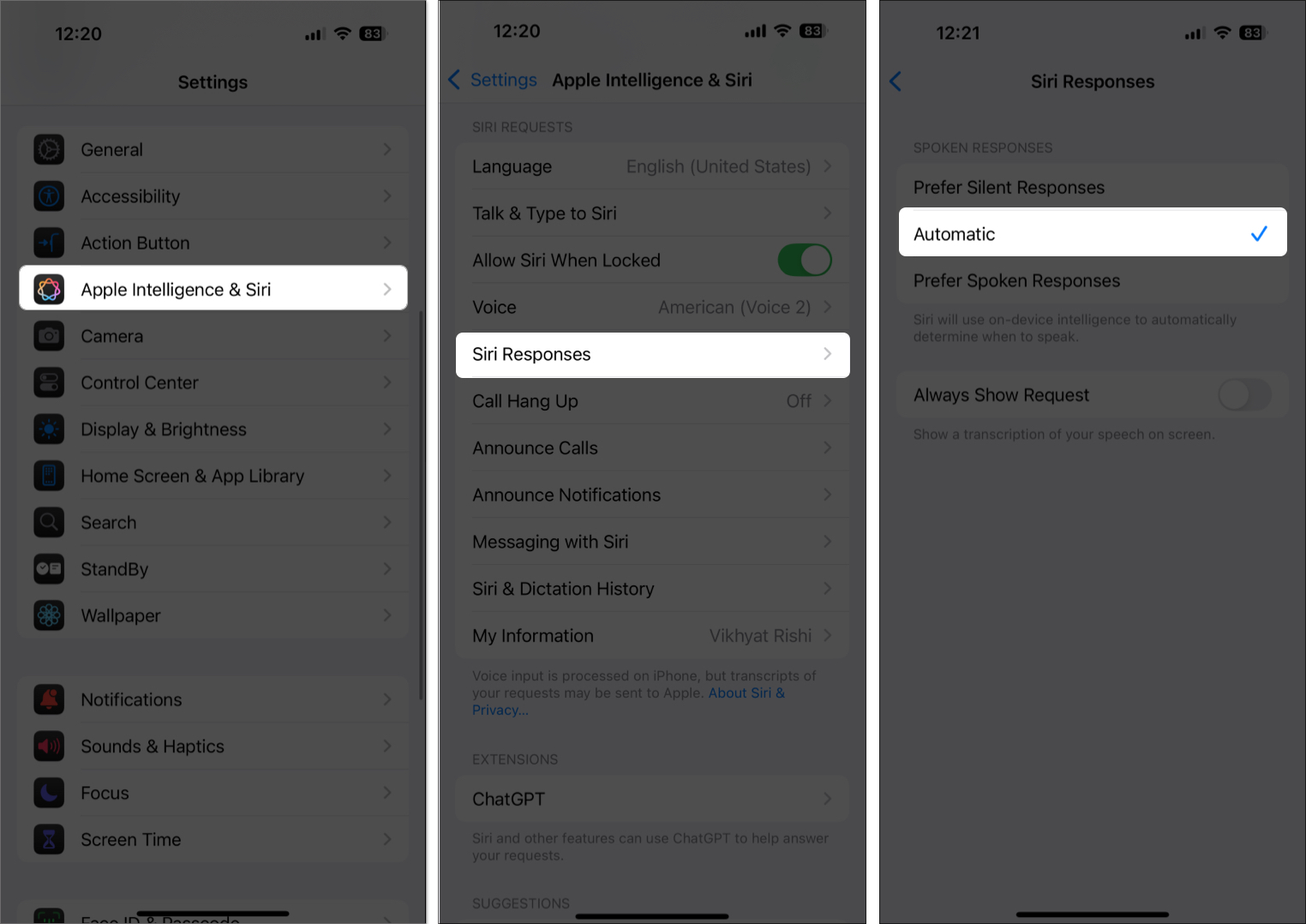 Set up siri responses from iphone settings
