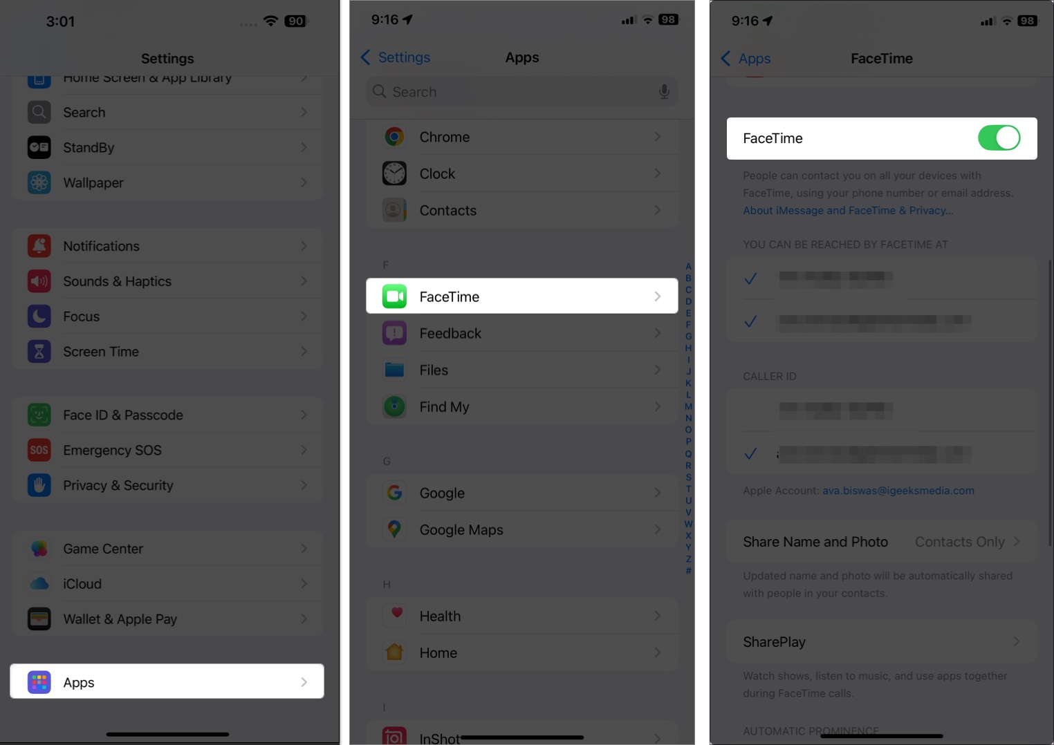 Set up the facetime on iphone and ipad