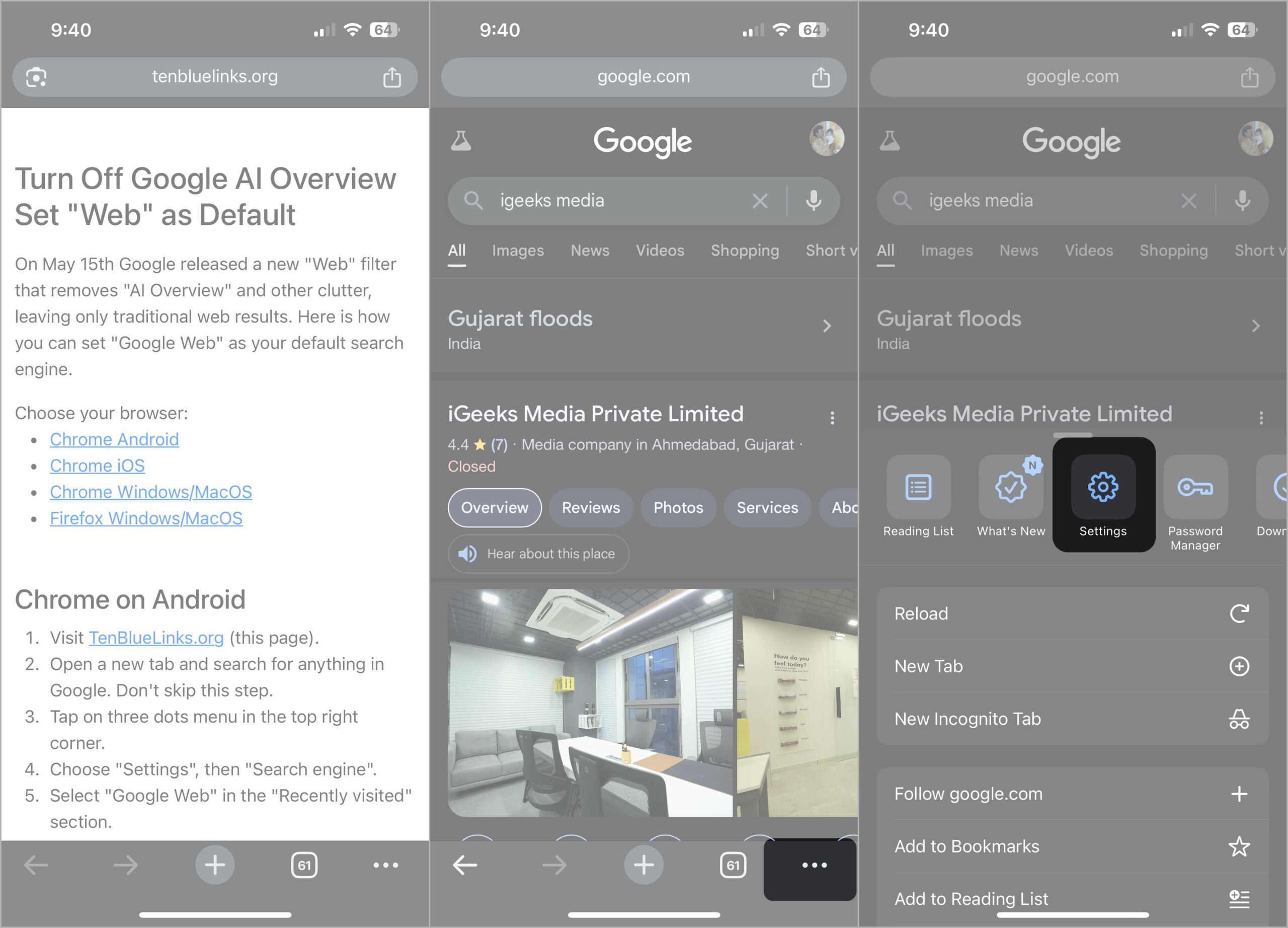 Using ten blue links to remove google ai overviews