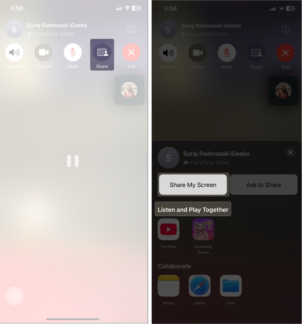 Share a screen in facetime call on iphone