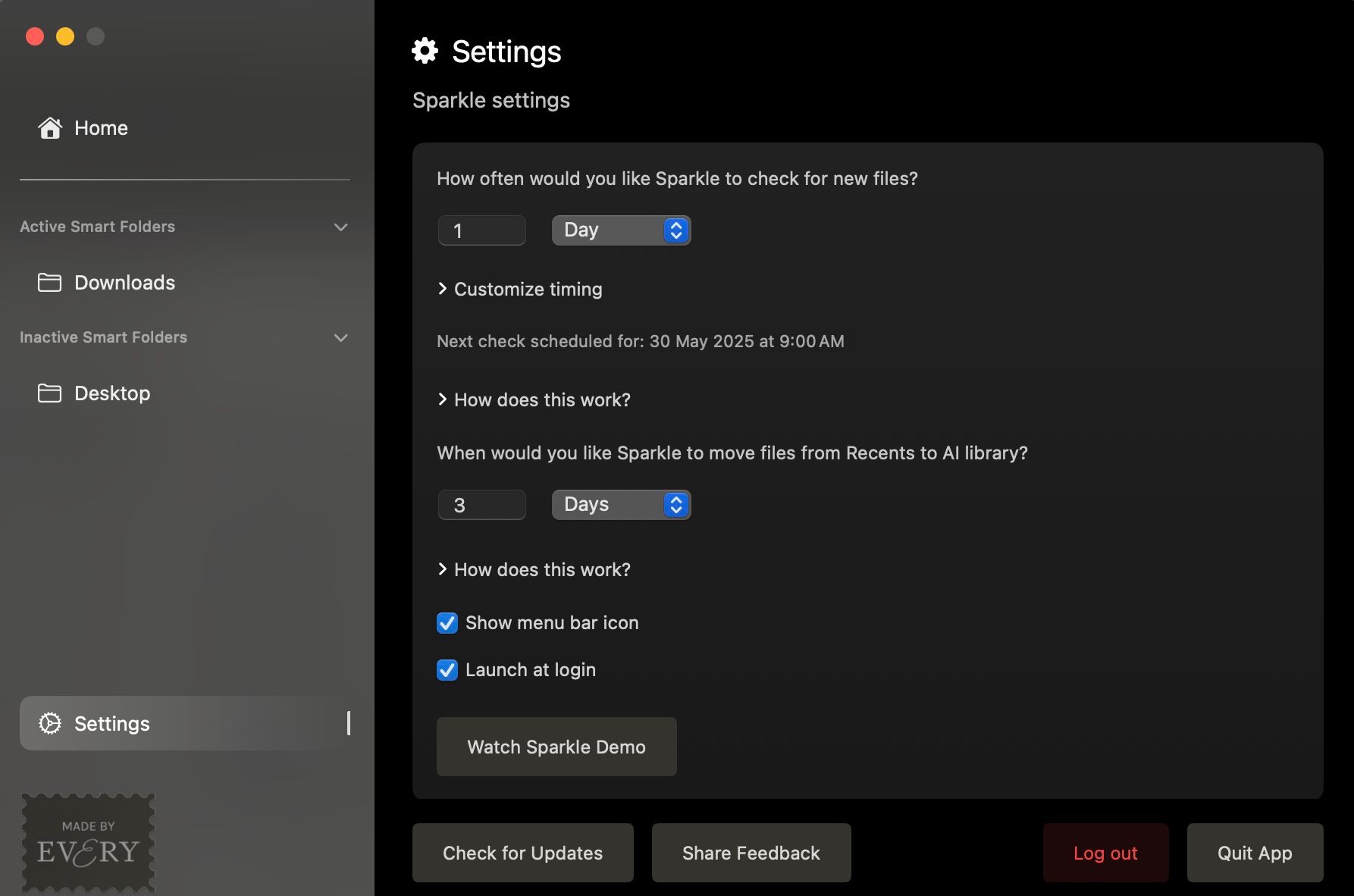 Sparkle settings on the mac