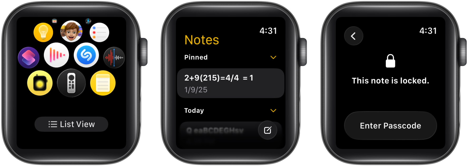 Tap and access notes app by entering your passcode