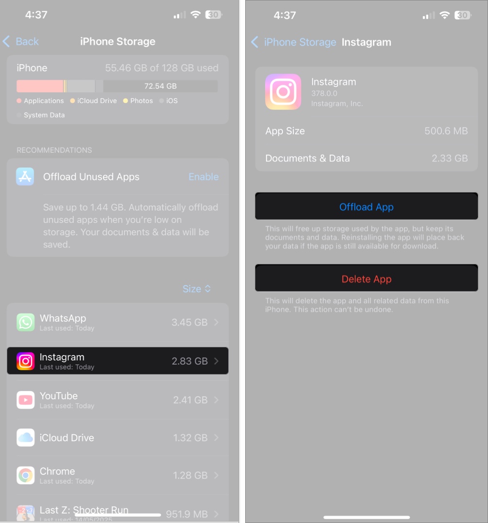 Tap any app to either offload app or delete app to free up storage on iphone